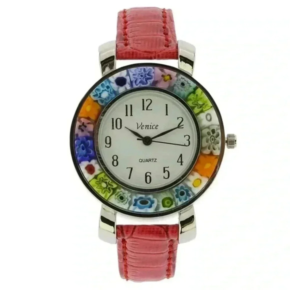 GlassOfVenice Serena Murano Millefiori Watch With Leather Band - Red - Picture 1 of 8
